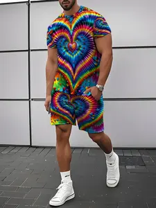Men's Summer Casual Set with Rainbow Tie-Dye Short Sleeve, Fashion Printed Shorts Sports Set