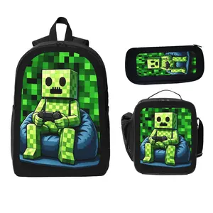 Green Pixel Monster Design on Cracked Background Printed Backpack 3Pcs Set Including (Single-Layer Backpack + Shoulder Strap Lunch Bag + Single-Layer Pencil Bag) Large Capacity Street Style Back to School Gift Set for Students Daily Use Travel School