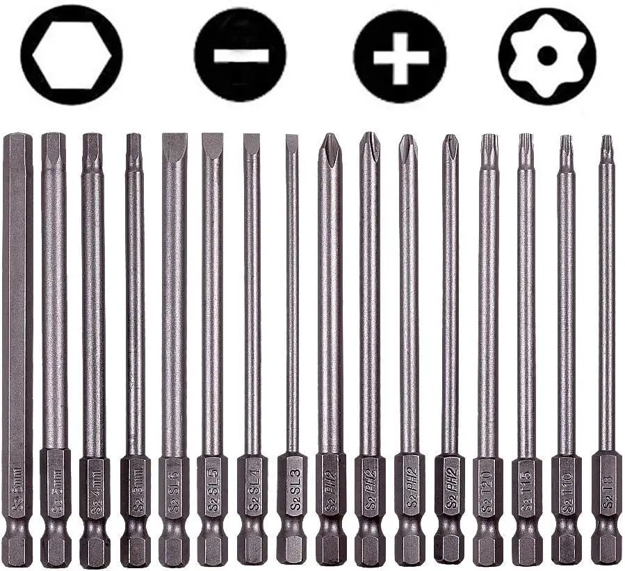 16-Piece High-Quality S2 Drill Bit Set - 1/4-Inch Hexagonal Shank, Long Magnetic Tip Screwdriver Heads, Compatible with Electric Screwdrivers & Drills, for DIY Repairs, Household Projects