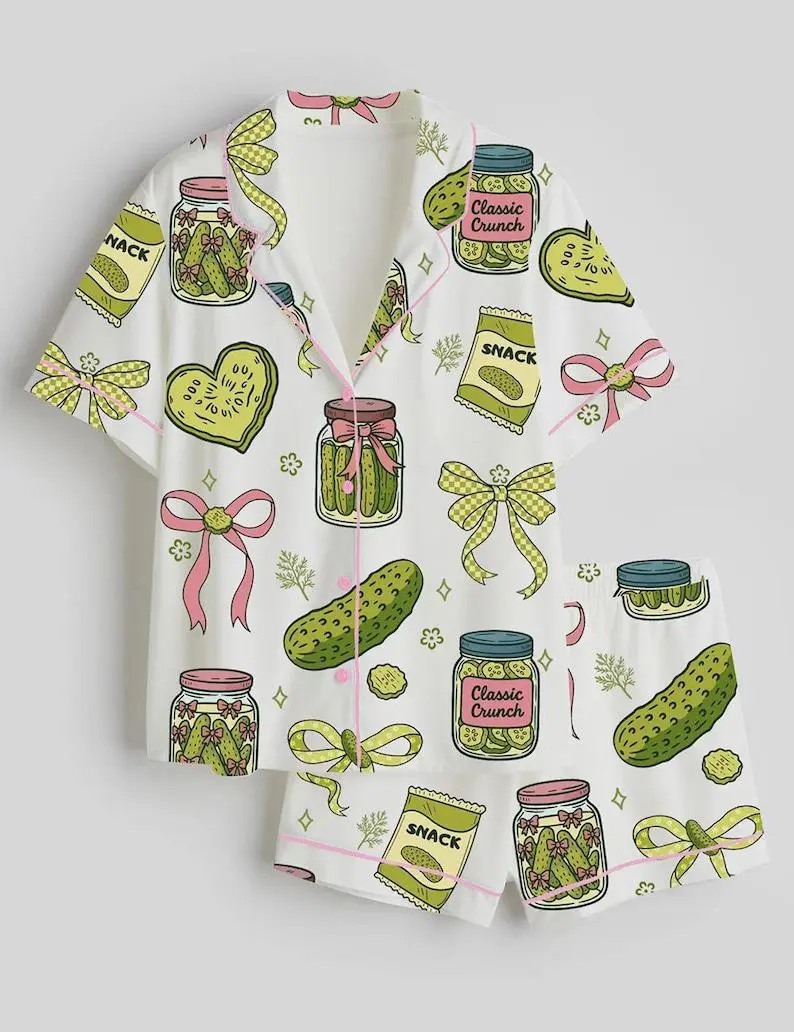 Pickle Jar Pajama Set – Cottagecore Coquette Sleepwear, Dill Pickle Lover Gift