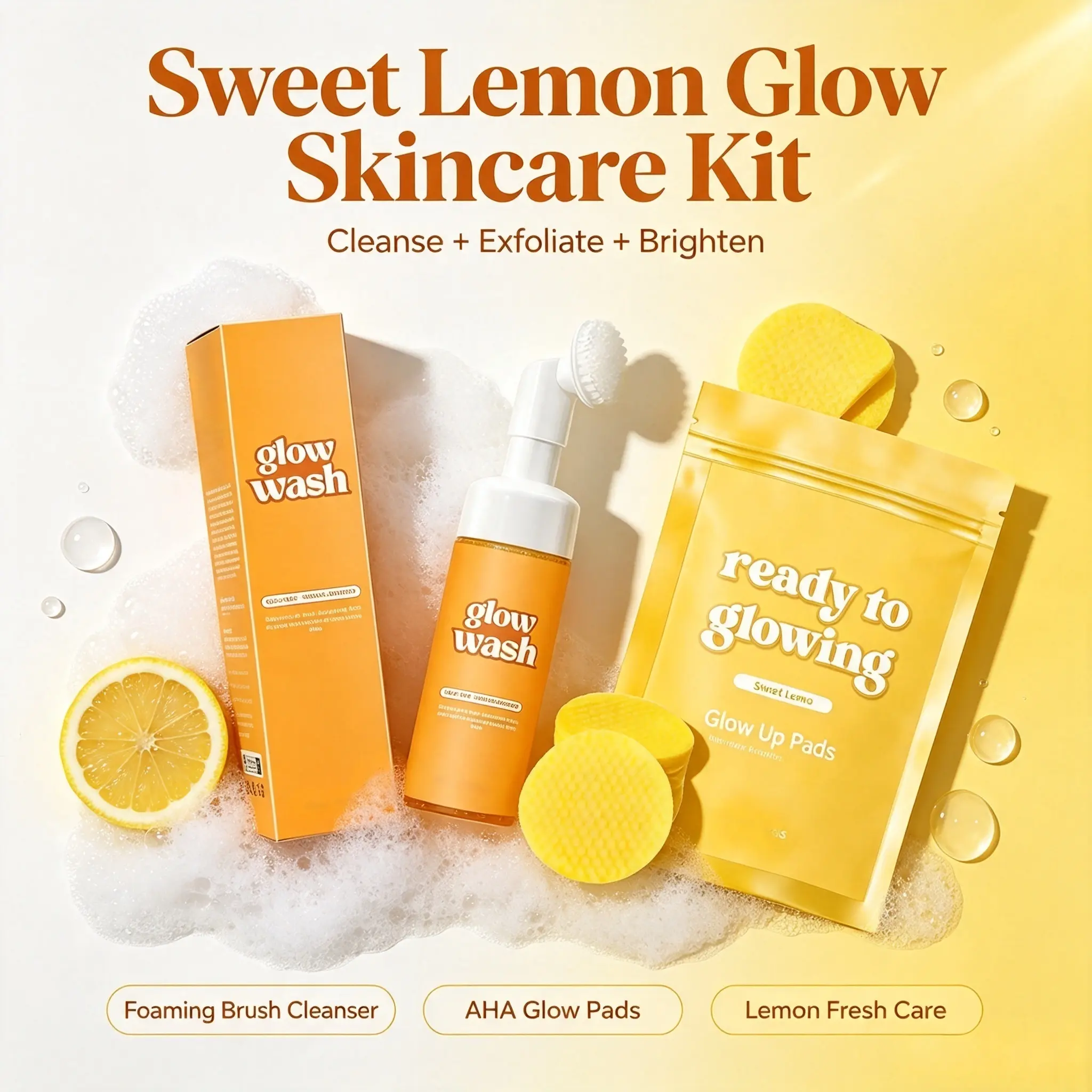 Sweet Lemon Glow Skin Care Set, Foaming Face Wash with Silicone Brush & AHA Exfoliating Glow Pads, Brightening Dark Spot Facial Kit for Dull Uneven Skin, Clear Pores & Reduce Blackheads Daily Skincare Kit