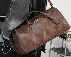 Leathfocus Leather Travel Luggage Bag, Mens Duffle Retro Carry on Handbag (Brown)