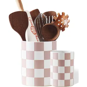Utensil Holder,7.1"+5.8" Ceramic Kitchen Utensil Holder for Counter top, Checkered Cooking Utensil Holder for Spatula & Spoon, Kitchen Decor, Set of 2 (Purplish-pink Checkered)