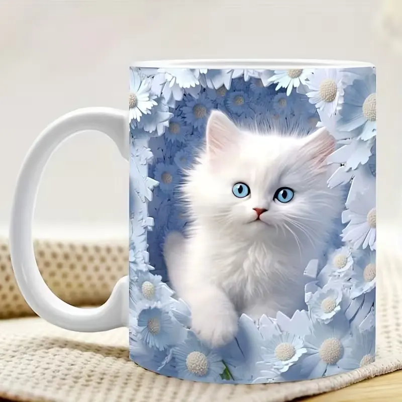 11oz Cat-Themed Ceramic Mug - Cute Themed Graphic Mugs, Ceramic Heat Resistant Drinkware Must Haves, Playful Look Kitchen Coffee Bar Accessory, Dishwasher & Microwave Safe, Friend Gift Idea