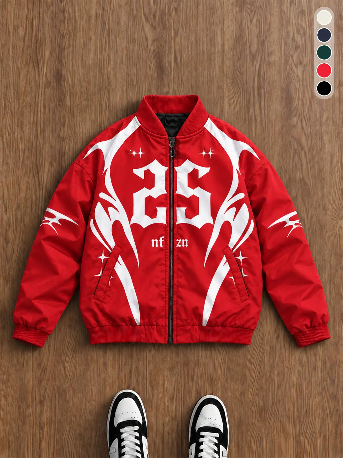Men Gothic 25 Number Graphic Varsity Bomber Jacket White Flame Print Rib Stand Collar Full Zip Lightweight Streetwear Coat