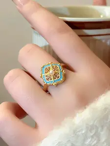 Elegant Vintage Copper Pearl Inlaid Enamel Open Ring, High-End Hollow Design for Women, Perfect for Daily Commuting and Special Occasions