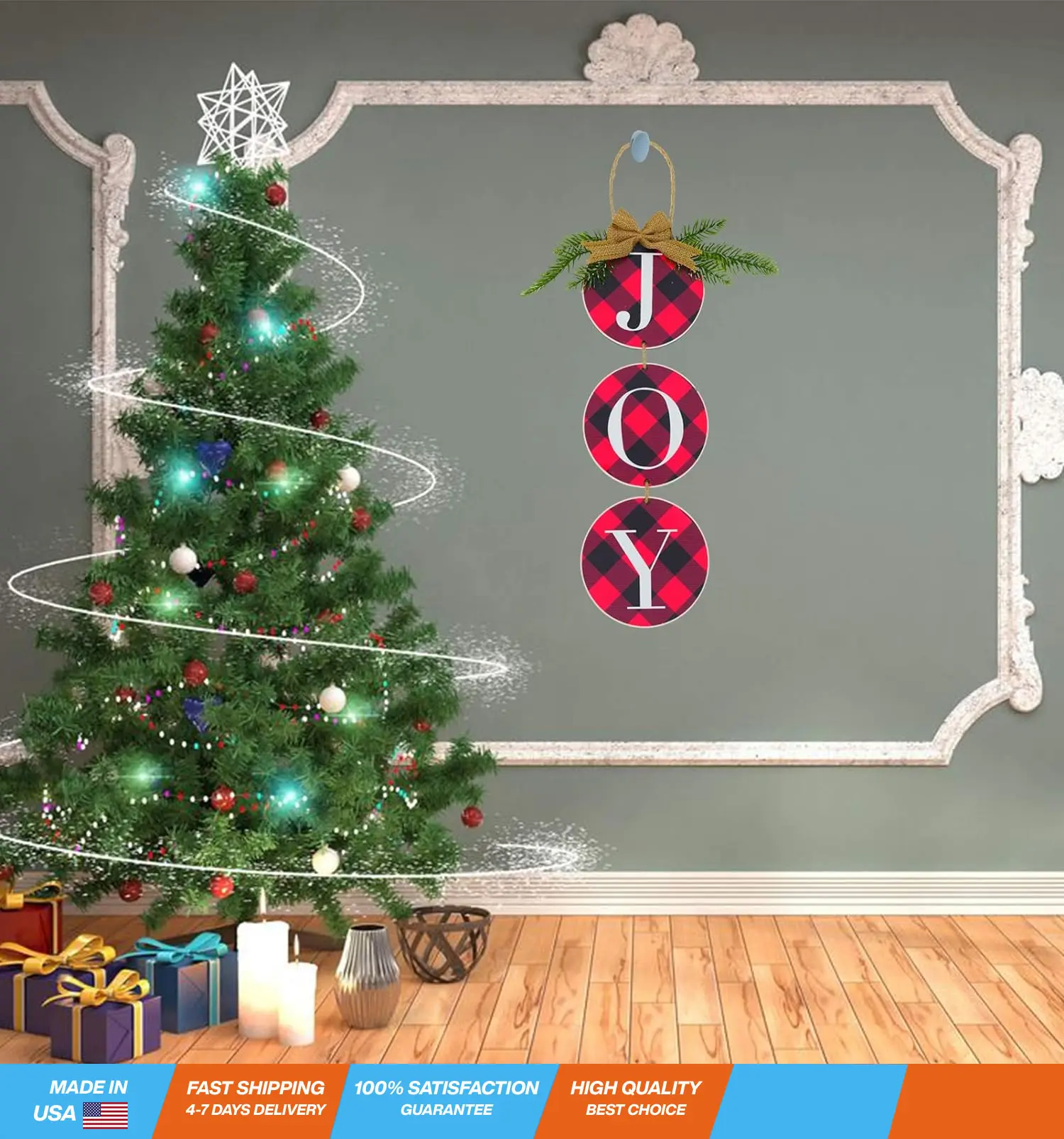 Christmas Decoration JOY Wall Sign, Buffalo Check Plaid Wreath for Front Door Rustic Burlap Wooden Christmas Ornaments for Home Window Wall Farmhouse Indoor Outdoor