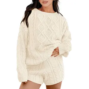 ANRABESS Two Piece Outfits For Women Short Sweater Sets Fall Cable Knit Oversized Pullover High Waist Short Pants Lounge Sets