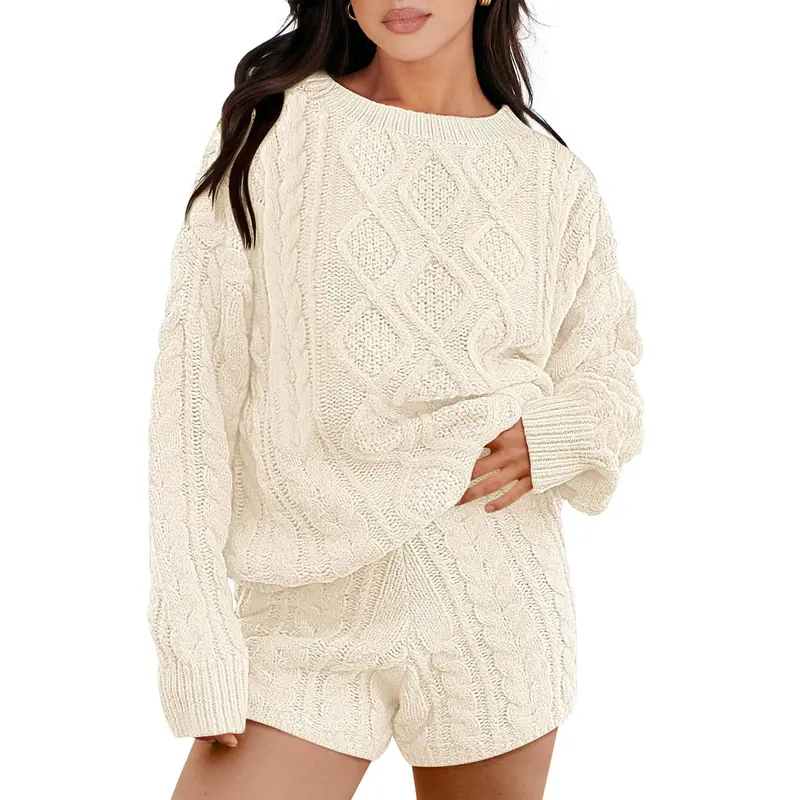ANRABESS Two Piece Outfits For Women Short Sweater Sets Fall Cable Knit Oversized Pullover High Waist Short Pants Lounge Sets