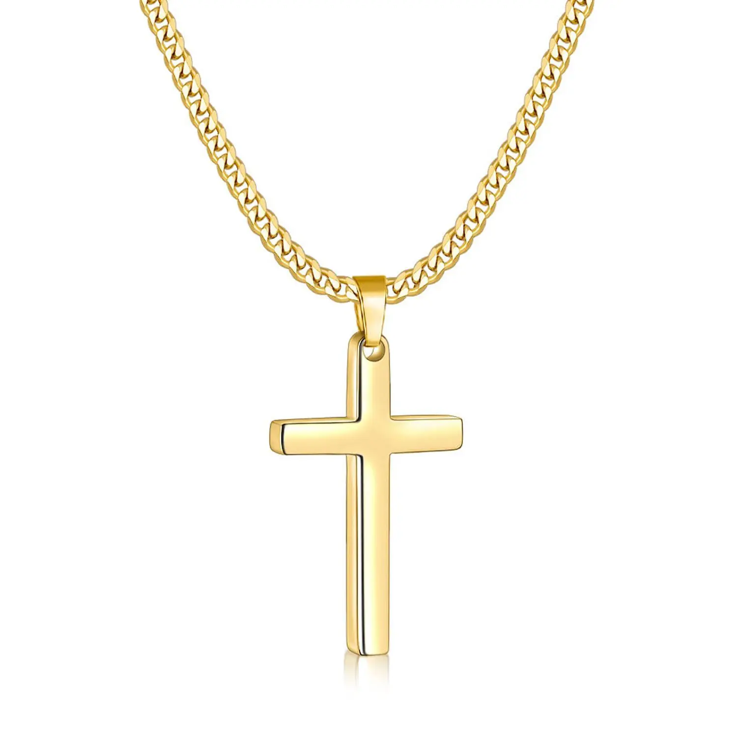 18K Gold Plated Cross Necklace for Women, Mens Cross Necklaces with 3.5mm Cross Chain and Stainless Steel Cross Pendant, Cuban Chain 16-24 Inch