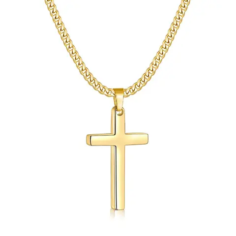 18 Karat Gold Plated Gold Cross Design Necklaces for Women - Handmade Polished Stainless Steel Pendant, 3.5mm Layer-Ready Cuban Chain, 16-24 Inch, Gift-Ready for Birthdays, Cross Pendant, Classic Icon