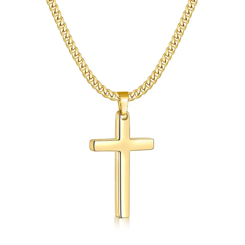 18 Karat Gold Plated Gold Cross Design Necklaces for Women - Handmade Polished Stainless Steel Pendant, 3.5mm Layer-Ready Cuban Chain, 16-24 Inch, Gift-Ready for Birthdays, Cross Pendant, Classic Icon