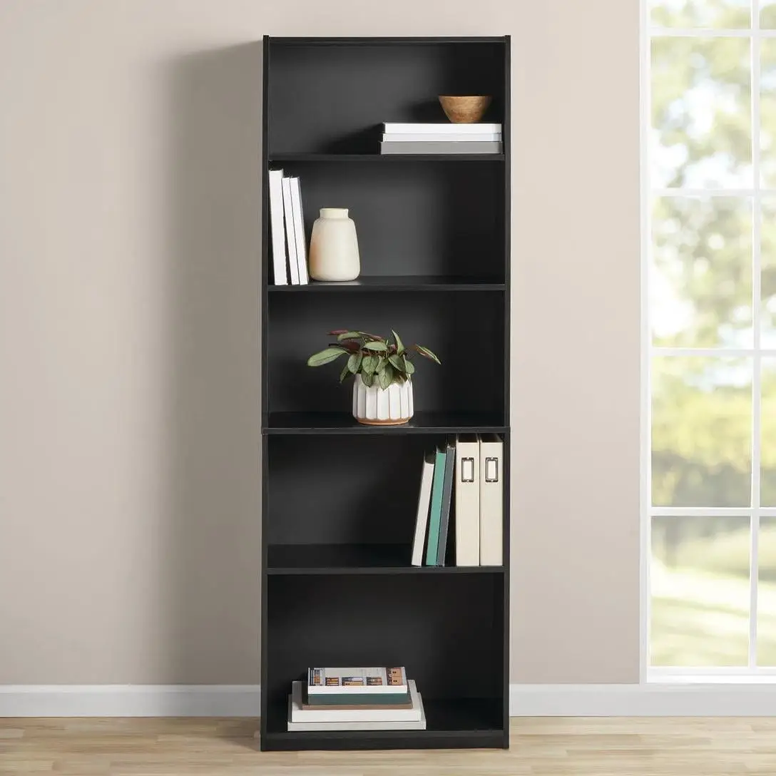 Mainstays 5-Shelf Bookcase with Adjustable Shelves, True Black Oak, Versatile Storage Solution, Microwave & Dishwasher Safe