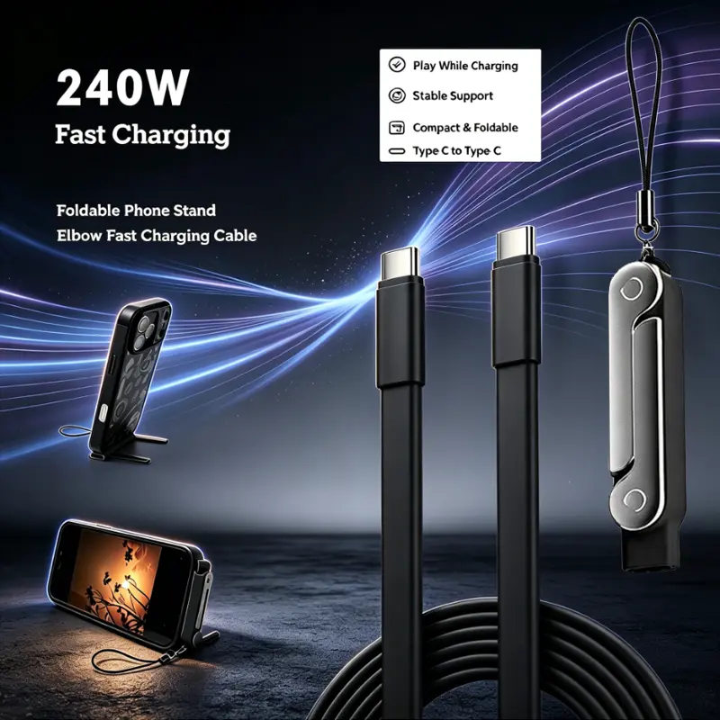 240W Super Fast Charging Foldable Silicone Invisible Rotate Stand Type-C Data Cable - 2-in-1 Electronic Cord with Cellphone Holder for Mobile Devices, Car Accessories