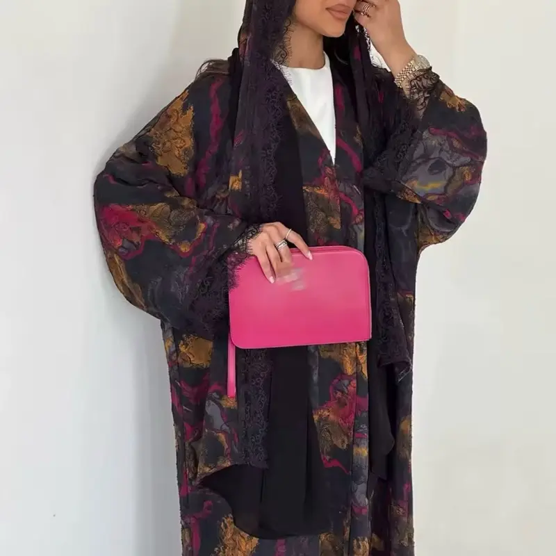 Women's Lace Multicolor 2-Piece Abaya Set With Matching Hijab