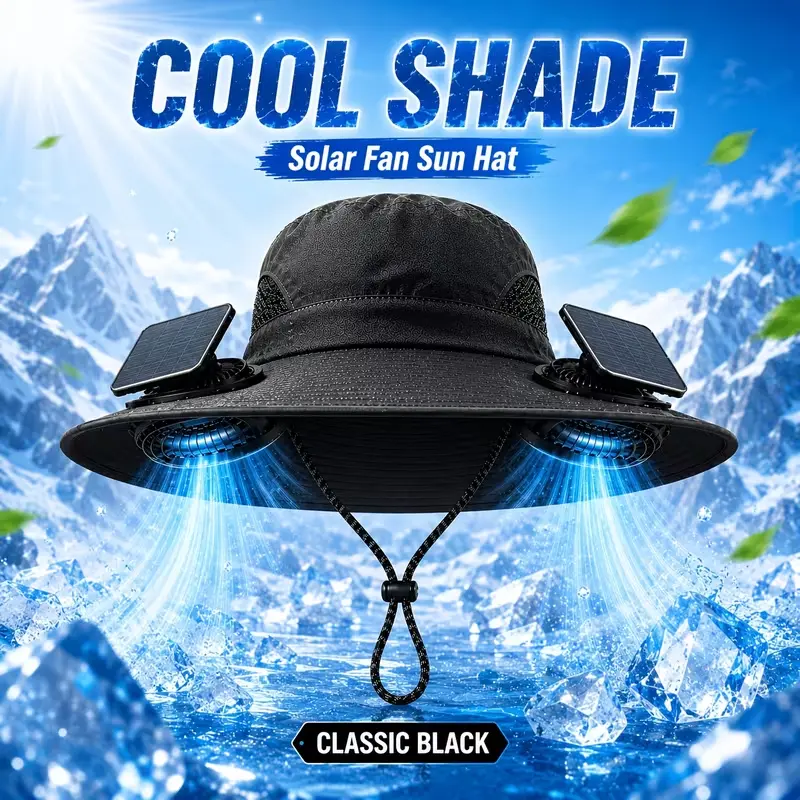 Men's dual-fan sun hat with adjustable wind speed and wide-brim design; suitable for gardening, mowing, landscaping, farming, fishing, and hiking.