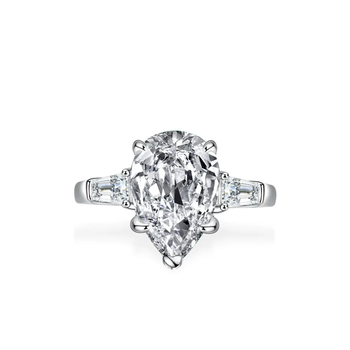 【1043】Luxury 4CT Pear White Synthetic Moissanite Ring, S925 Sterling Silver With Baguette Side Stones, Sparkling Bridal Engagement Wedding Ring, Ideal Proposal & Anniversary Gift