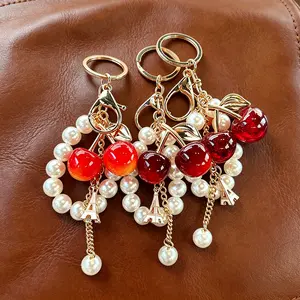 Cherry Acrylic Keychain with Pearl Chain - Fashion Costume Jewelry, Stylish Bag Charm, Acrylic Keychains Accessory, Acrylic Keychain Keychains