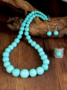 Vintage Round Blue Turquoise Necklace Earrings Ring Set, Exaggerated Jewelry Set, Retro Style, Hoop Earring Sets, Women's Fashion Accessories