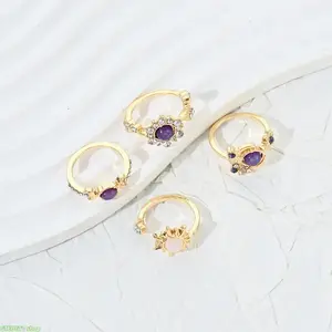 Adjustable Open Gold Stackable Rings 4 Pcs Set, Rhinestone Inlaid Natural Amethyst Rose Quartz Gem Bands, Dainty Floral Sun Crystal Rings For Women, Light Comfortable Fashion Jewelry For Daily Commute Date Party Travel Outfit Matching