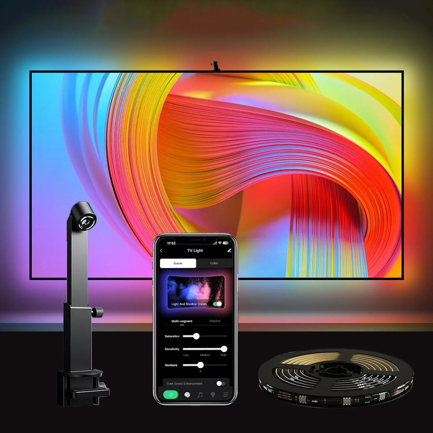 Smart TV LED Backlight with Camera, Syncs with TV Screen, Fits 32-85 Inch Screens, APP-Controlled Color Changing Light