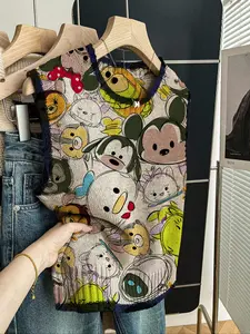 Women's Casual Fitted Knit Top, Spring Summer Round Neck Sleeveless Knitwear Sweater, Deep Blue Color Block Cartoon Print, Fall Winter Outerwear