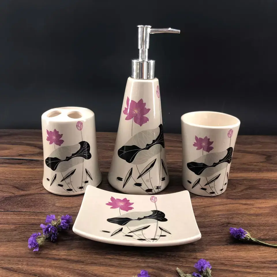 Modern Ceramic Bathroom Accessory Set - Ceramics with Floral Prints, 4-Piece Set Including Soap Dish and Toothbrush Holder, Available in Pink, Black, Light Gray and White, Four Pieces