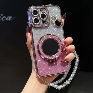 High-End Magnetic Case for iPhone 17 16 15 14 13 12 11 Pro Max/pro/plus, Electroplated Edge Drills, Gradient Glitter, Makeup Mirror Stand