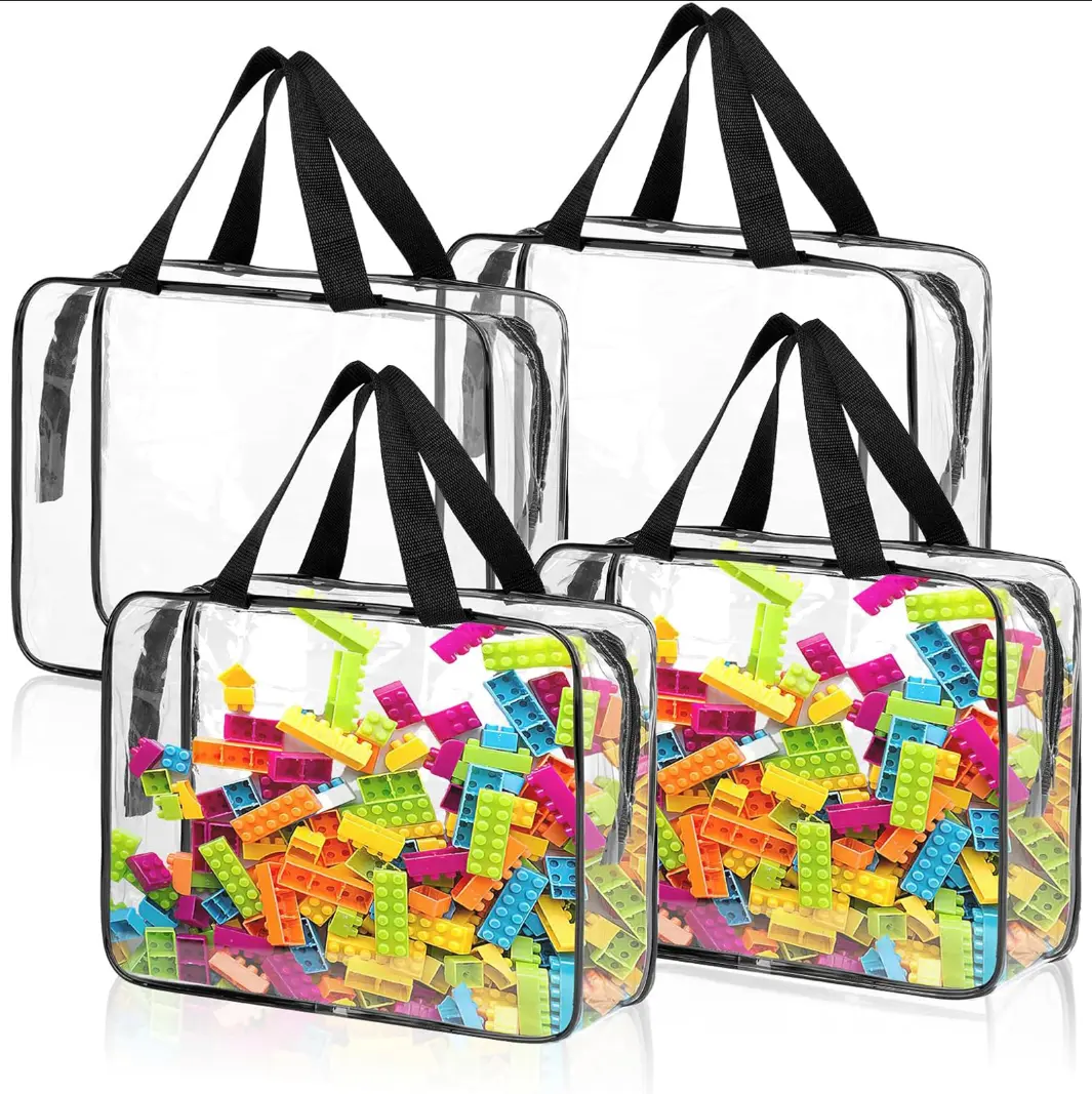 4-Pack Transparent PVC Toy Storage Bags with Zippers | Large Black Waterproof Reusable Bags for Puzzles Building Blocks Board Games, Stationery and Children's Books