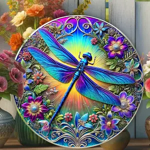8 X 8inch (20 X 20cm ) Round Metal Sign: Vivid Dragonfly and Floral Design, Suitable for Home, Office, or Coffee Shop Decoration Enjoy Your Purchase