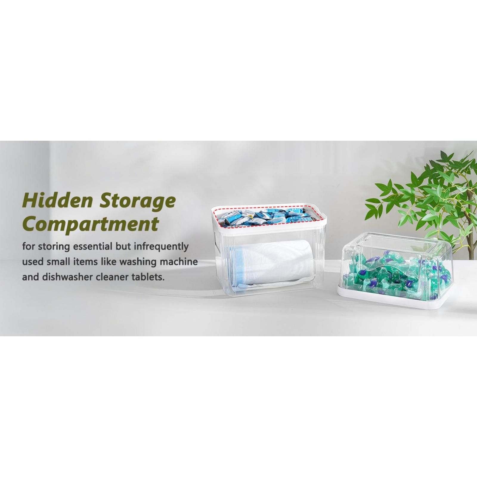 Trash Bag Dispenser Dishwasher Pod Organizer 3 in 1 Clear Storage Box for Laundry Room Pods Tablets Under Sink Organizers