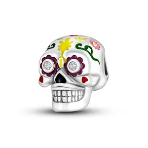MULA S925 Silver-plated Colorful Sugar Skull Charm, Day of the Dead Halloween Beads for Women and Girls is a perfect gift, can be used with Pandora bracelets and necklaces