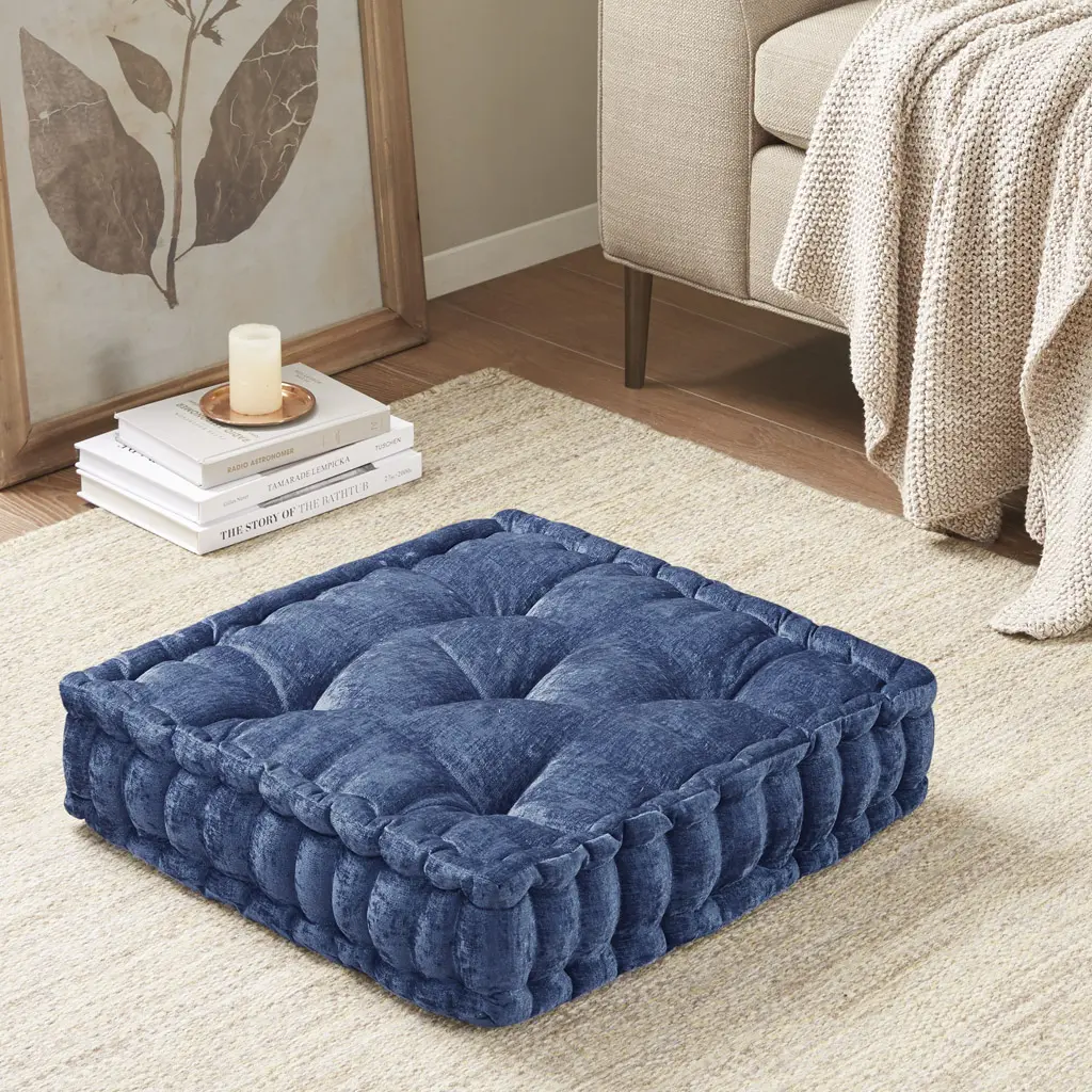 Poly Chenille Square Floor Pillow Cushion 20x20 Inch Navy Soft Plush Seating for Living Room Bedroom Dorm Reading Meditation Yoga Extra Large Floor Cushion Pouf Ottoman Tatami Mat