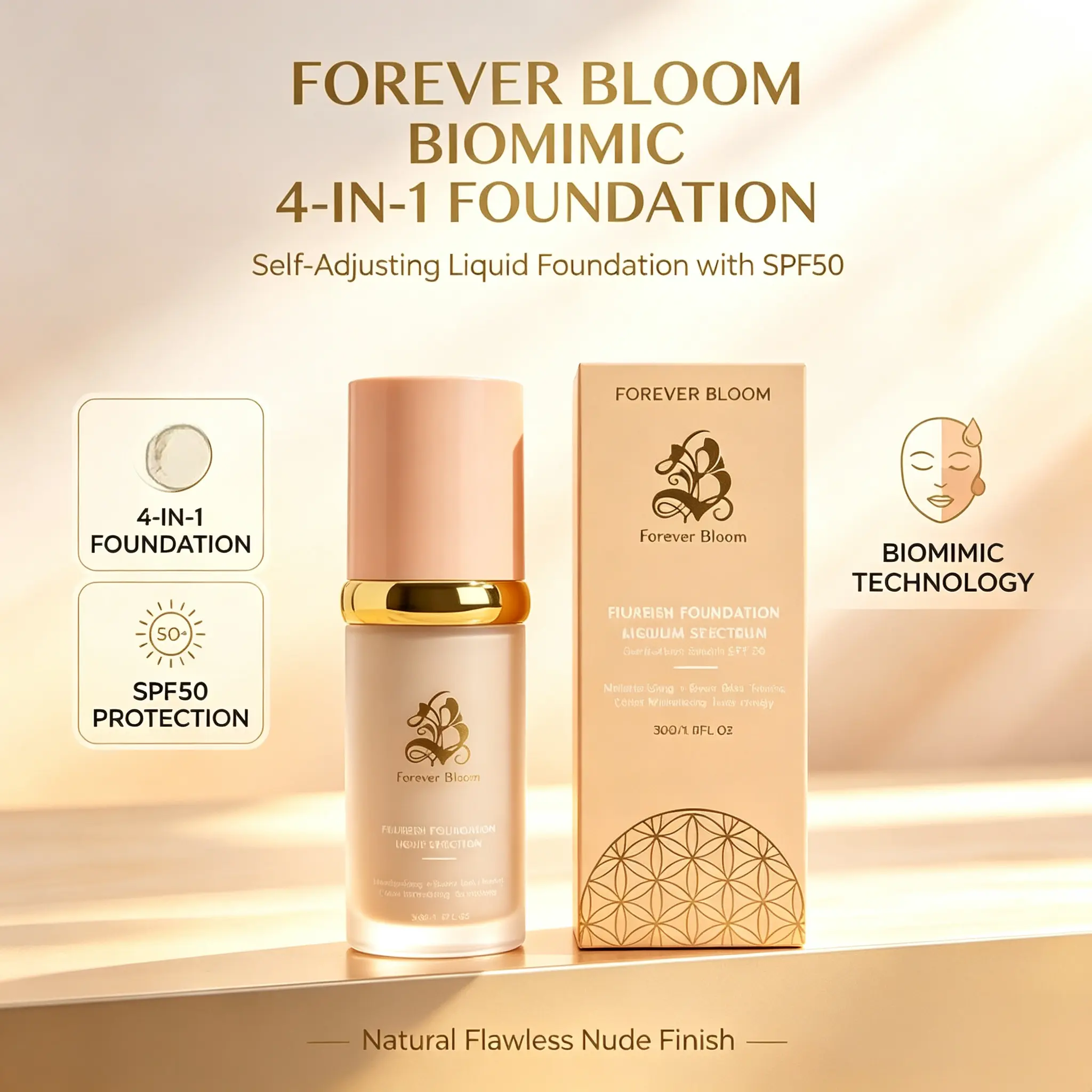 Forever Bloom Biomimic 4-in-1 Liquid Foundation with SPF50, Self Adjusting Shade Medium Coverage Foundation, Long Lasting Natural Flawless Nude Finish, All In One Foundation Primer Concealer Sunscreen for Daily Makeup