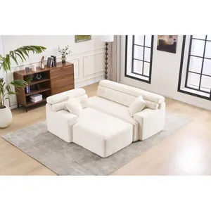 [SOIYELIFE] LY-029B WHITE COMPRESSION SOFA: Combining chaise longue  with 3-seater, Wood Grain Chenil fabric, full sponge compression sofa,combined sofa with 2 pillows  for living/ Furniture/ Apartment