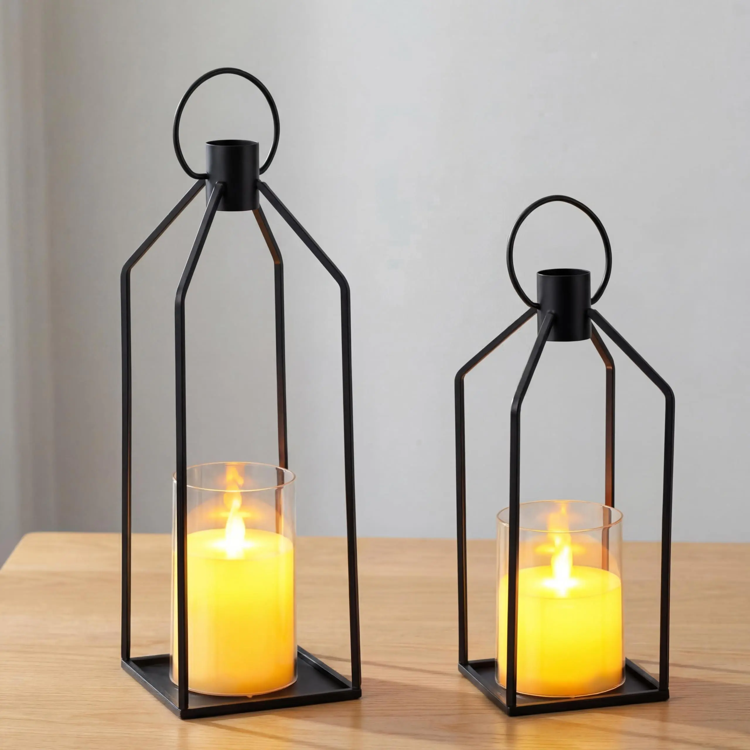 GARVEE 12+15in Flameless Candle Lanterns, Decorative Lanterns with Timer, Set of 2 Gold Metal Lanterns with Flickering LED Candles, Indoor Outdoor Lantern Decor for Porch, Table, Fireplace, Black