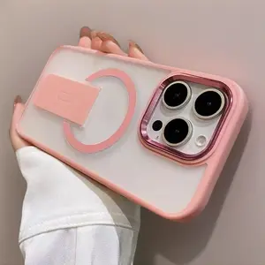Magnetic Frosted Pink Silicone Soft Shockproof TPU-PC Protective Casing with Magnetic Bracket, Shell for iPhone 13,14,15,16 ProMax,17 Smartphones, Handheld Cellphone Devices, Mobile Phone Accessories
