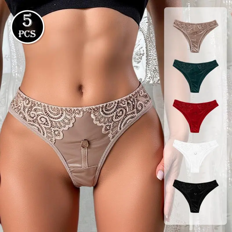 5 Pack Women's Lace Trim Panties, Low-Rise Soft Breathable Knickers, Comfy Briefs for Daily Wear, Mixed Colors, Lady, Trim Lace Panty, Bridal, Stretchy Panties