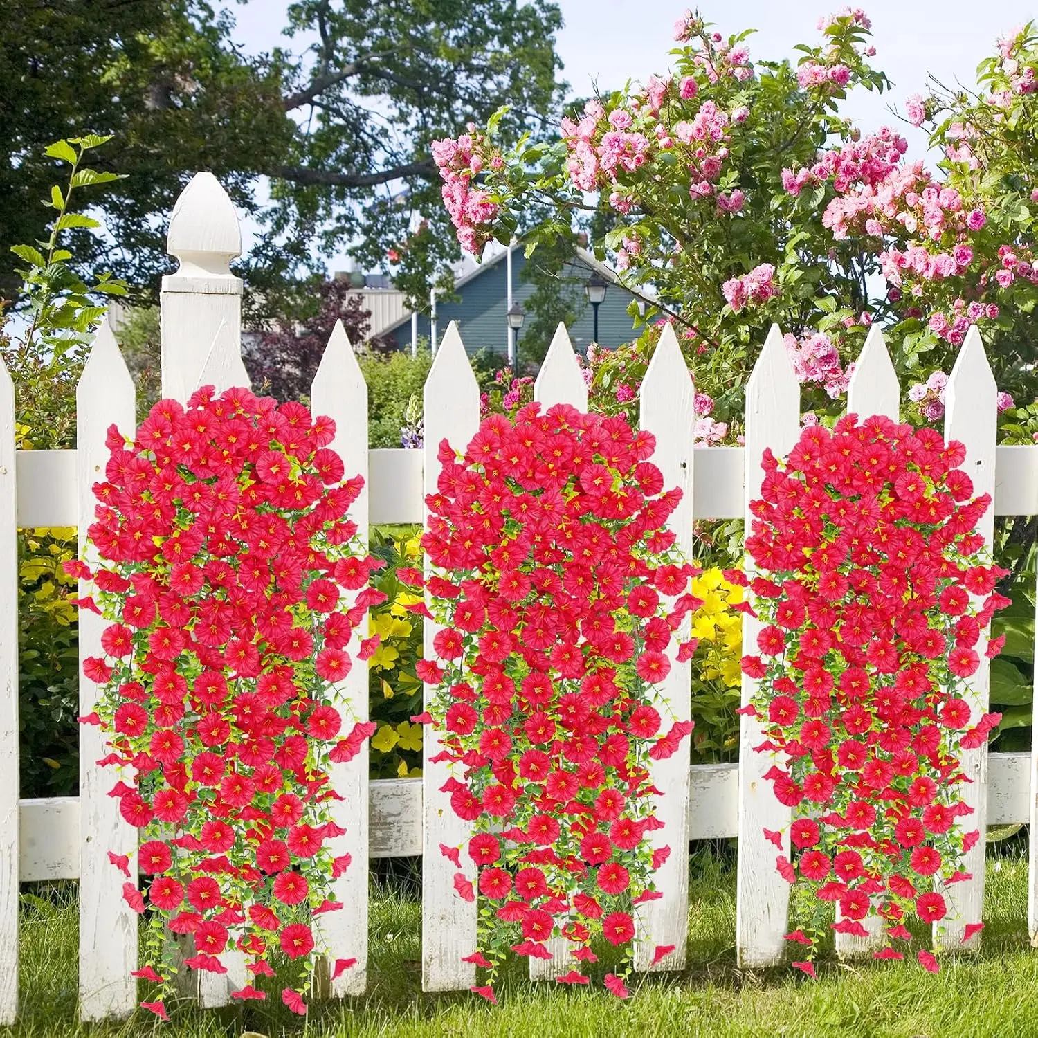 6PCS UV-Resistant Plastic Faux Silk Morning Glory Hanging Flower Basket - Nature-Inspired Decor for Outdoor Porch Privacy Screens, Indoor Study Wall, Father's Day Gift (Red), Outdoor Decor