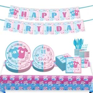 10-Piece Gender Reveal Party Decor Set - Boys & Girls Theme Tableware Kit with Paper Cups, Napkins, Flags, Tablecloth, Balloons for Indoor Recreation Complete Party Supplies, Set Of 10
