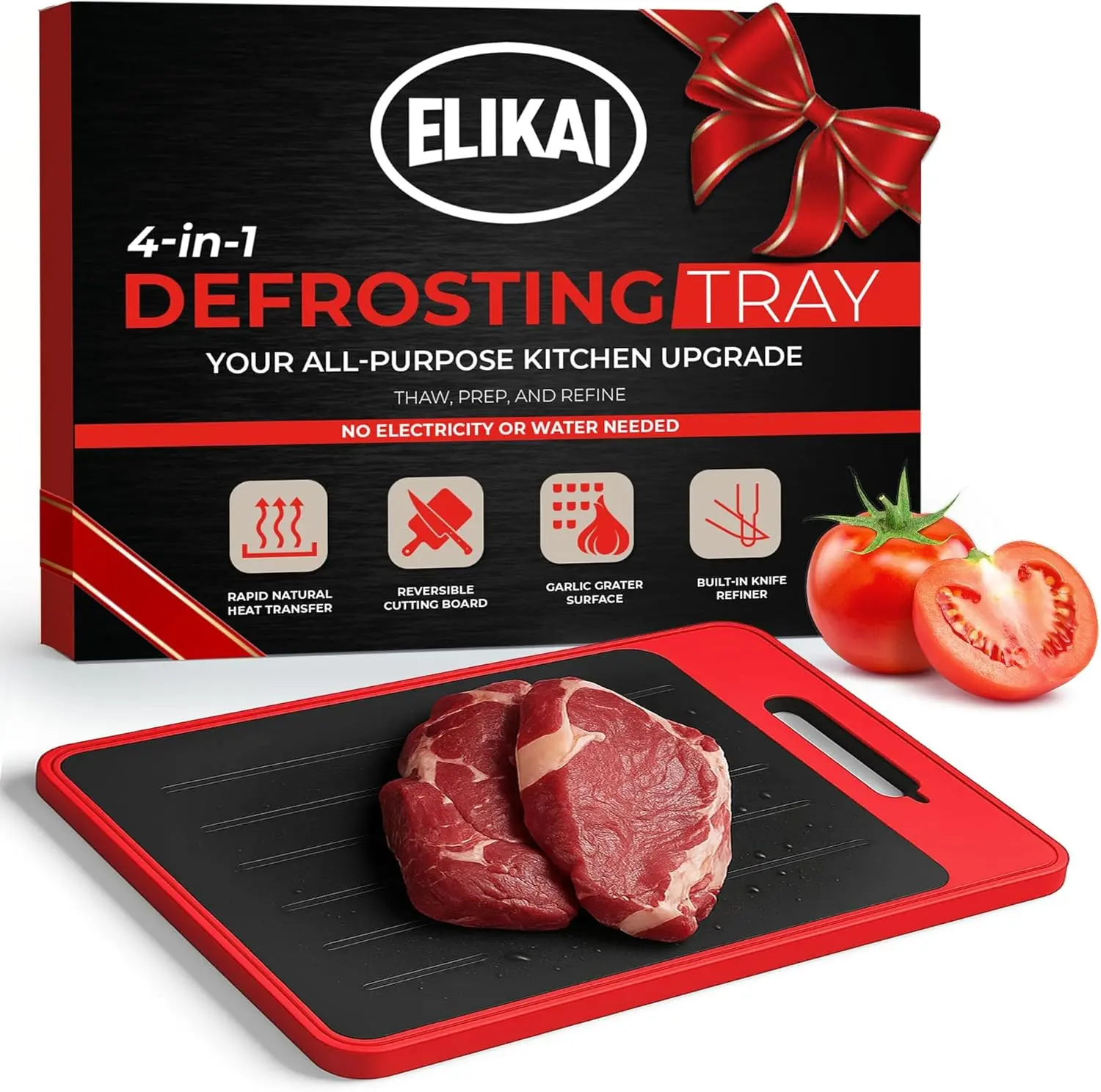 4-in-1 Defrosting Tray for Frozen Meat with Cutting Board, Garlic Grater Plate, and Knife Refiner - Aluminum-Core Thawing Plate for Quick Meal Prep (Small, Red)