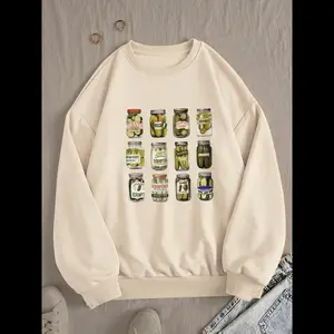 NewWomen's Pickle Jar & Cucumber Print Drop Shoulder Sweatshirt, Casual Long Sleeve Round Neck Pullover for Fall & Winter, Ladies Clothes for Daily Wear