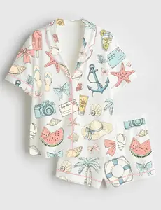 Women’s Coastal Coquette Seashell Summer Vibes Beach Print Short Sleeve Satin Pajama Set, Unique PJs with Design, Matching Family Sleepwear Set, Satin Pajama Set For Men Women Kids