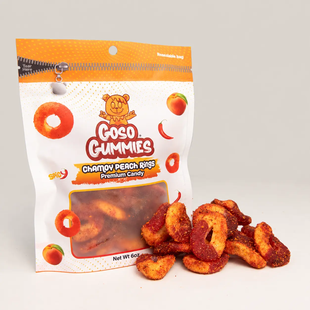 Goso Gummies Chamoy Peach Rings 6oz Sweet Sour Spicy Peach Gummy Candy Chamoy Coated Chewy Gummies