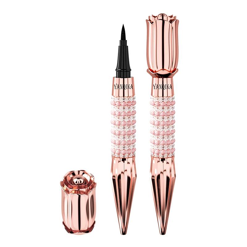 Luxury Rose Rhinestone Liquid Eyeliner Long Lasting Waterproof Smudge Proof Black Eye Liner Pen for Daily Eye Makeup Looks