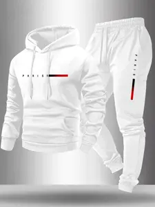 Men's Hooded Sweatshirt Tracksuit Set Fall Winter Fleece Lined 2-Piece Letter Print Pullover + Drawstring Casual Sport Pants