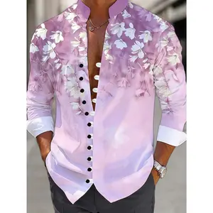 Men's Stylish 3D Floral Print Shirt - Casual Pink Stand Collar with White & Green Accents, Lightweight Polyester, Long Sleeve Button-Up for Outdoor & Casual Attire