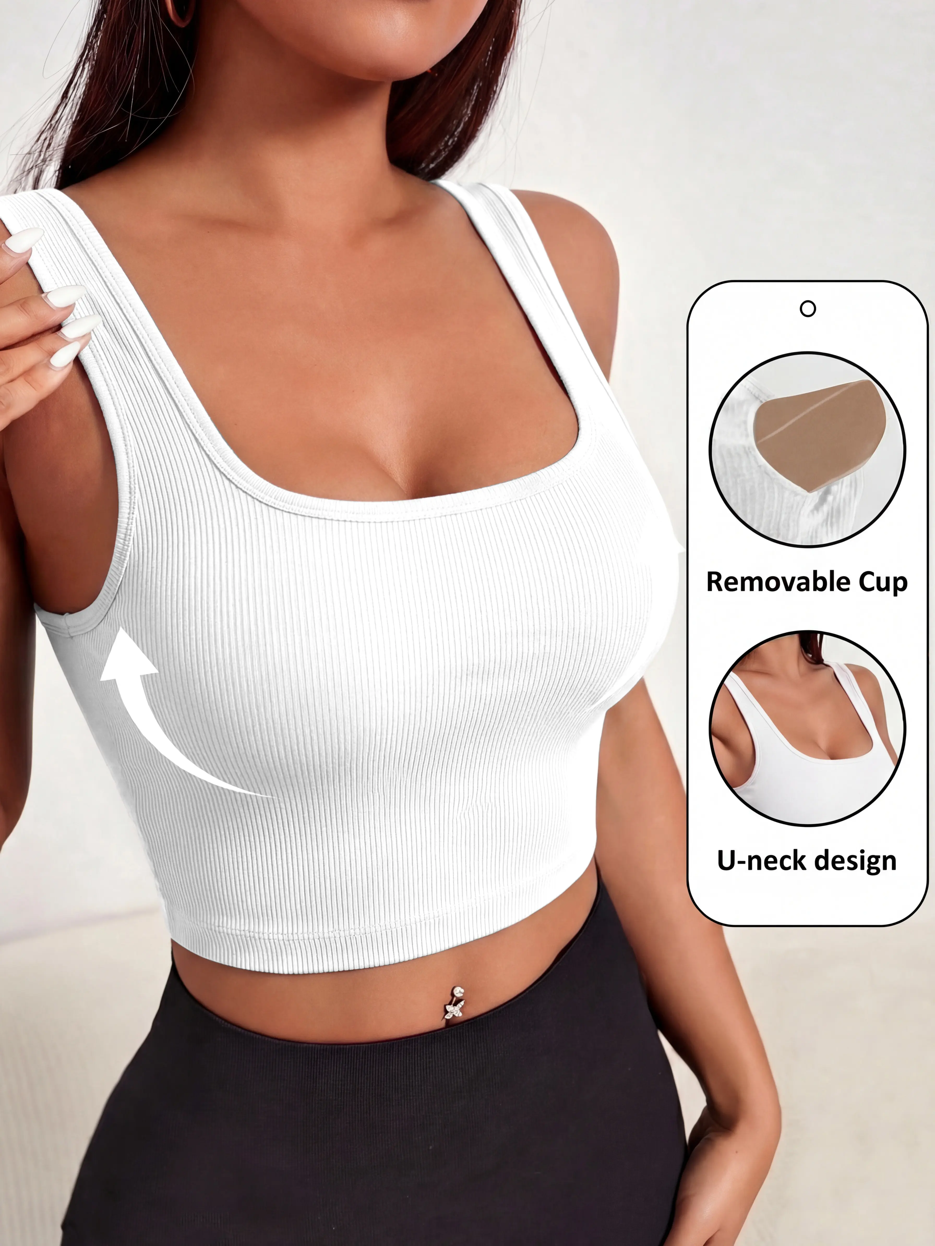 Women's Built-In Bra U Neck Crop Tank Top Slim Fit Solid Color Sleeveless Casual Versatile Sexy Summer Top