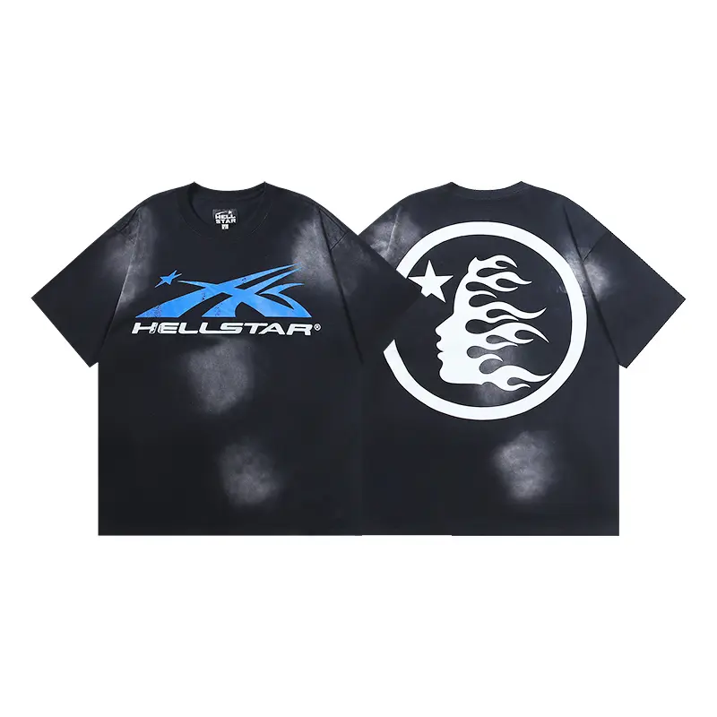 HELLSTAR Certified Professional Y2K Premium Quality Blue Star Flaming Face Washed Short Sleeve T-Shirt Casual Tops Mens Standard Fit