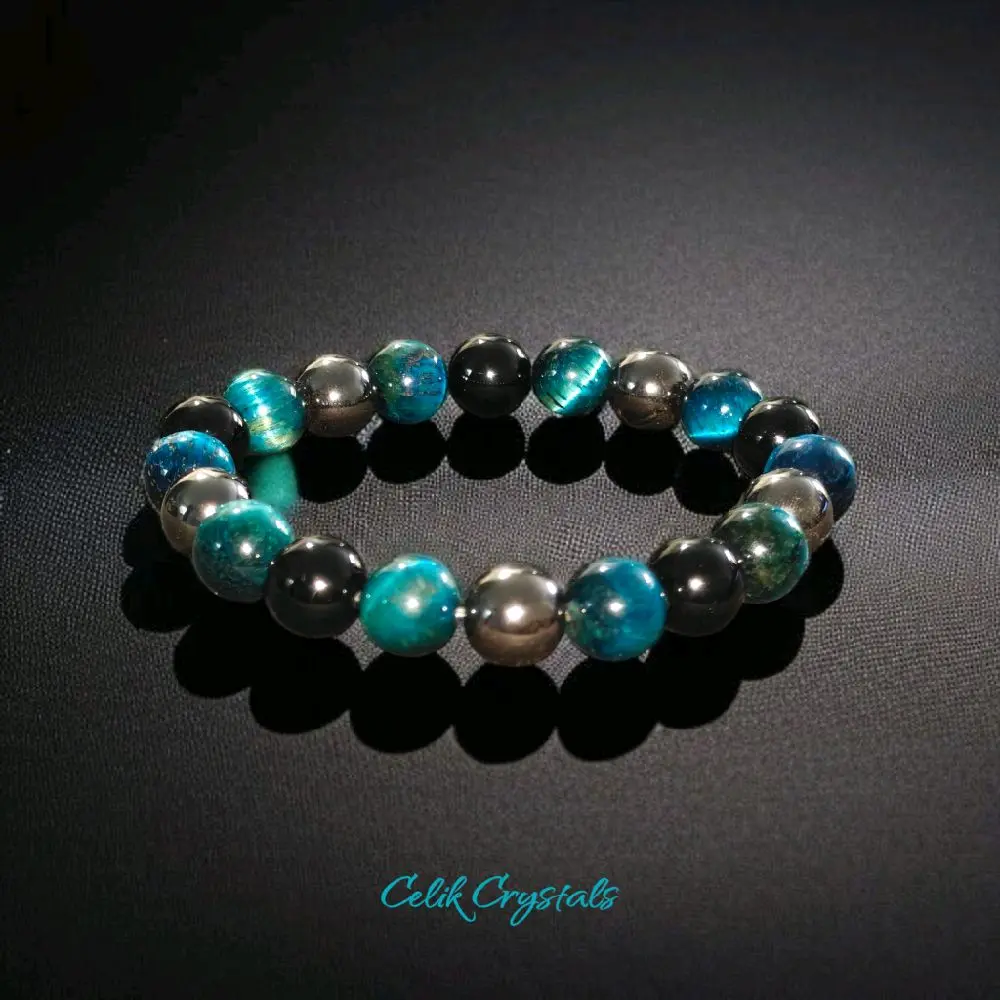 Celik Crystals Unisex Natural Stone Beaded Bracelet for Adults, Tiger's Eye, Obsidian & Hematite for Triple Protection and Chakra Balancing, Crystal Beaded Bracelet, Triple Protection Bracelet